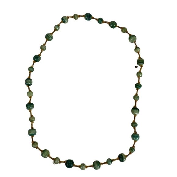 Bead Necklace 26 in No Clasp Green Natural Malachite W Amber Colored Spacer Vtg - Picture 1 of 11
